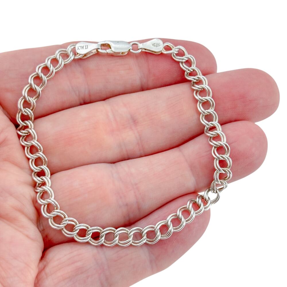 Vintage Sterling Silver 925 Italy Curb Double Link Chain Charm Bracelet 8"
